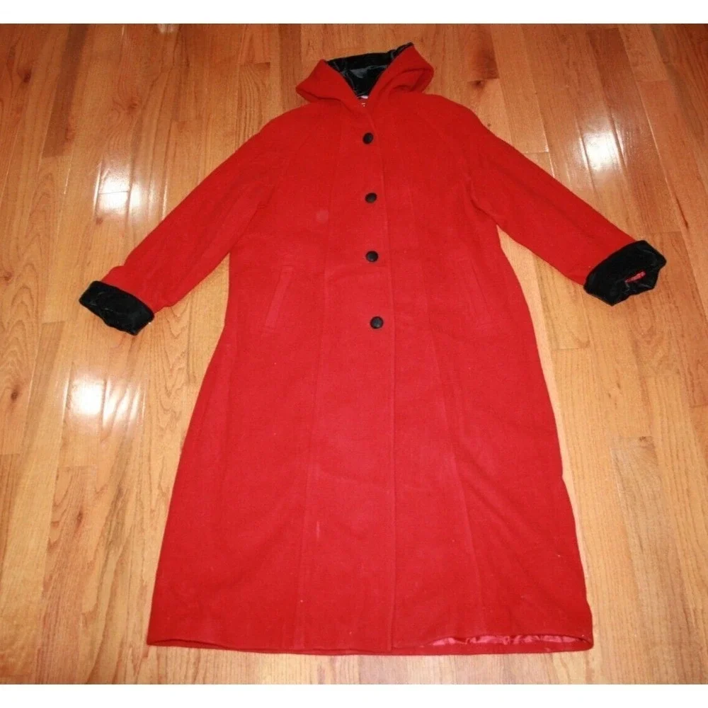 Vintage Halston Red Women's Made In Russia 100%‎ Wool Long Jacket Coat Size 16